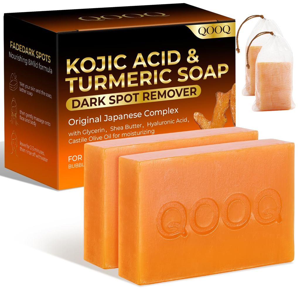 QOK Turmeric Kojic Acid Soap for Dark Spots Remover – แถบล้างหน้าพร้อมวิตามินซี, เรตินอล, คอลลาเจน, 