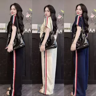 ชุดเซ็ต 2 ชิ้น งานปักน้องหมา แต่งแถบข้าง คอกลม มีกระเป๋าเสื้อ S329 ผ้าวูลเวฟ กางเกงขายาว เอวยางยืด มีกระเป๋าข้างใส่สบาย