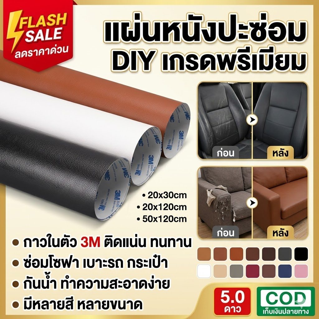 [COD] แผ่นหนัง PU ซ่อมแซม (3M) มีกาวในตัวแน่นพิเศษ สำหรับปะโซฟา เบาะรถยนต์ เก้าอี้ หนังเทียม รอยขาด เอาอยู่