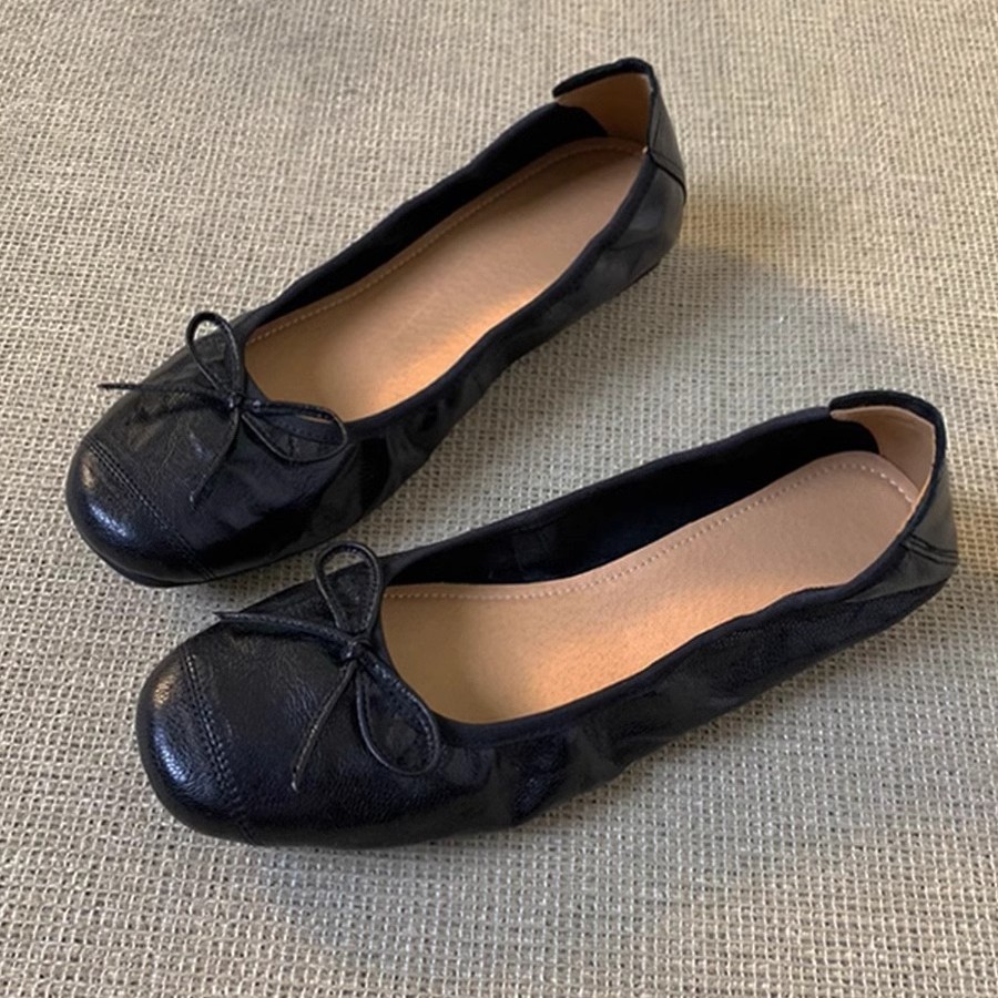 รุ่นหนังแกะ ~ Retro Shallow Mouth Shoes Women Flat All-Match Bow Evening Shoes Super Soft Egg Roll B