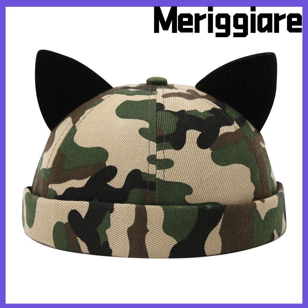 MERIGGIARE Brimless Skull Cap,Black Cat Ears Melon Docker Cap, Retro Rolled Cuff หมวกบีนนี่แบบปรับได