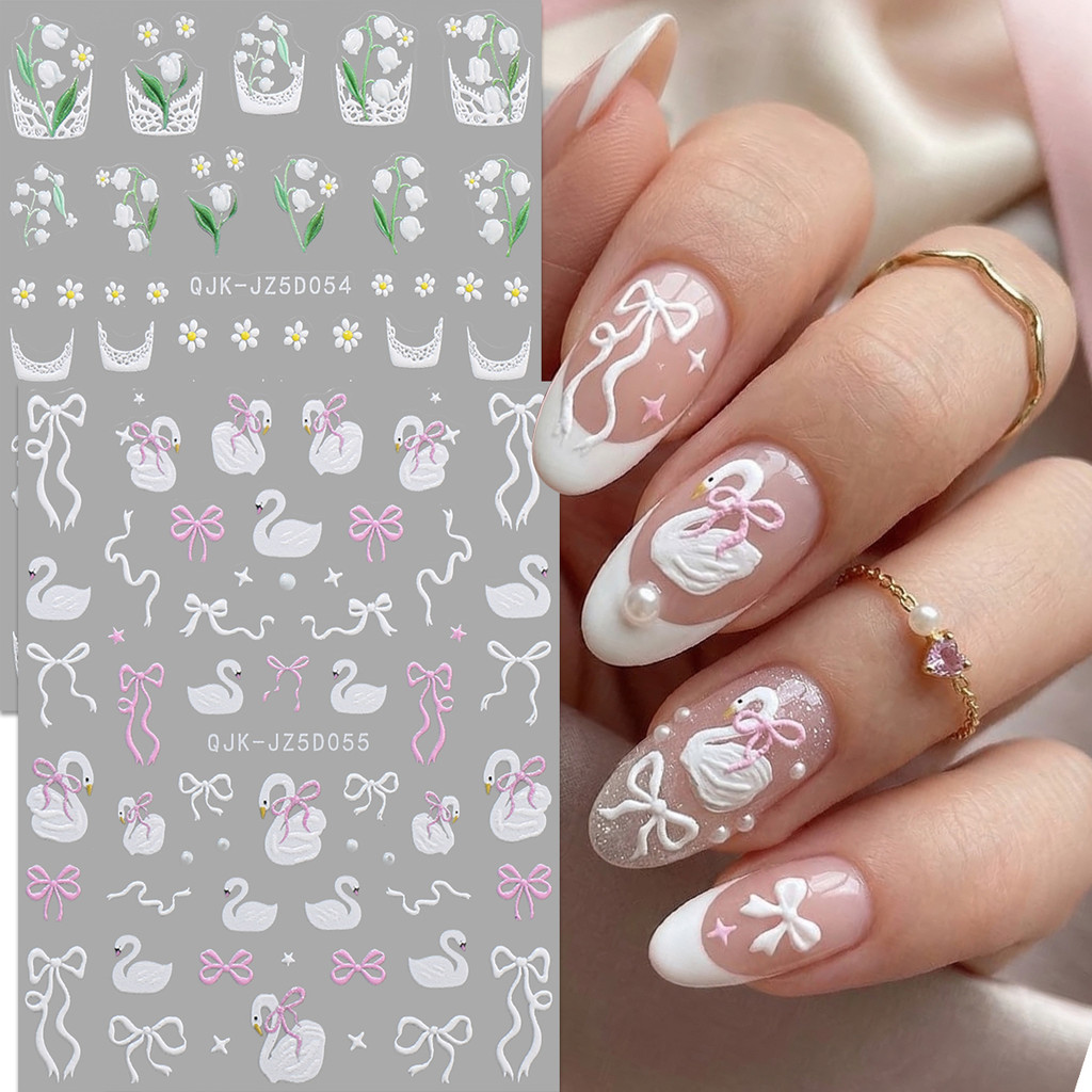 HAMA 5D นูนสติกเกอร์เล็บ Elegant สีขาว Tulip Lily of the Valley Swan โบว์ลูกไม้ออกแบบ Self-Adhesive 3D บรรเทาเล็บ Decals เกาหลี DIY ตกแต่งเล็บ