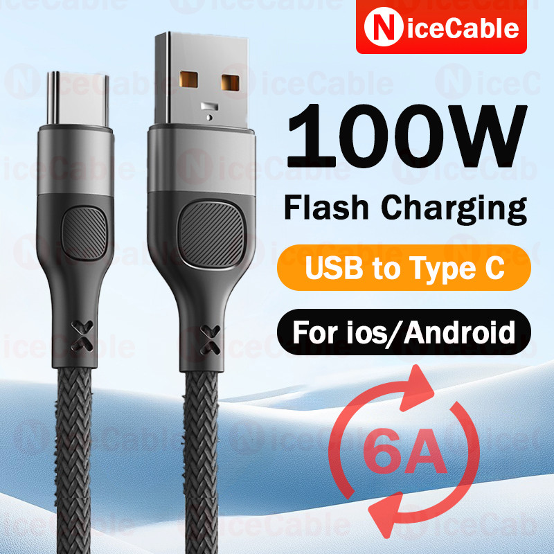 USB to Type C สายชาร์จโทรศัพท์มือถือ 100W ไนลอน Braid Anti-Bending สาย 6A Fast Charging Data CABLE สําหรับ ios/Android