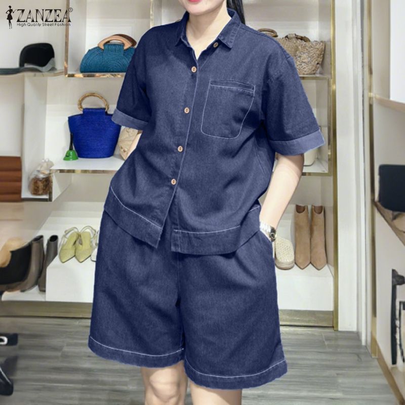 ZANZEA เสื้อเชิ้ตแขนสั้นลําลองสไตล์เกาหลีสําหรับผู้หญิงและกางเกงขาสั้นเอวยางยืดหลวมชุดสองชิ้น — صورة 6