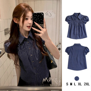 เสื้อเชิ้ตแขนสั้นเสื้อโปโลวินเทจฤดูร้อนสลิมฟิตครอปลายตาราง