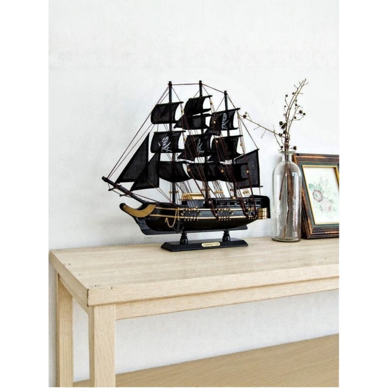 การแล่นเรือใบไม้เนื้อแข็งประดับไข่มุกสีดําเบอร์ Pirates of the Caribbean รุ่นชั้นวางหนังสือเดสก์ท็อป