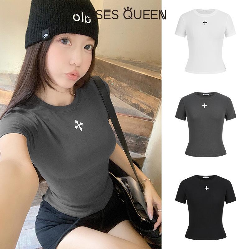 < MOSESQUEEN > เสื้อผ้าสตรี แขนสั้น แบบครอสคอร์ด คอตแองกูเลต ฤดูร้อน ใส่สบาย เหมาะสำหรับเดินทางประจำวัน หลากหลายสี แบบพื้นฐาน ที่ใช้ได้ทั้งในและนอกบ้าน #63379