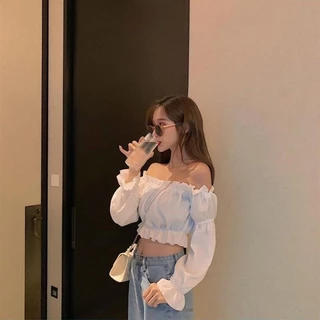 Lisa🍓พร้อมส่ง🍓เสื้อปาดไหล่แขนยาว เสื้อเปิดไหล่ สม็อกไขว้หน้า งานสวยผ้า ใส่นุ่มสบายไม่คัน เสื้อปาดไหล่แฟชั่น
