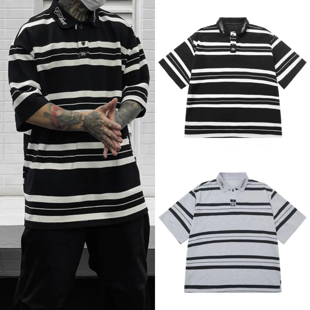 Chaistyle สไตล์อเมริกันแนววินเทจ เสื้อโปโลผู้ชาย การออกแบบลายทาง หลวมใส่สบาย แบบบางสำหรับฤดูร้อน