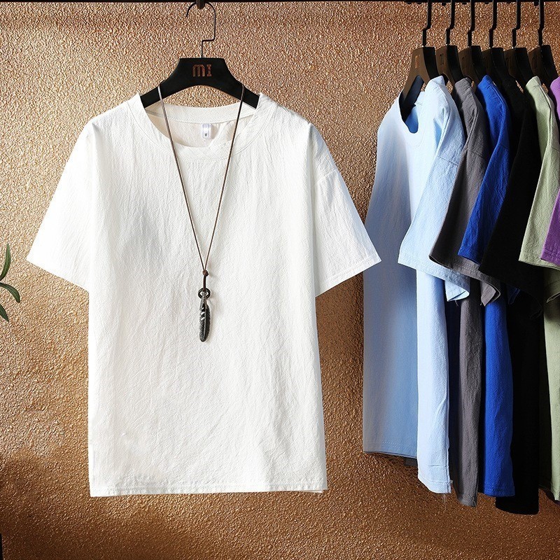 เสื้อยืดผู้ชาย ผ้าหลวม สไตล์ฤดูร้อน พร้อมคอด้านบนขนาดใหญ่