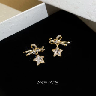 DREJEW ต่างหูผู้หญิง Bow & Star Rhinestone Drop ออกแบบแวววาว สวมได้ทุกวัน