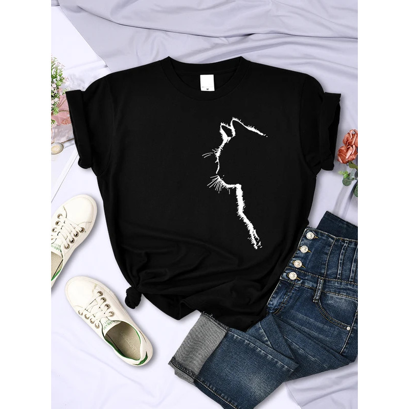 COD 2026Simple Strokes Of Cat ตลกพิมพ์ผู้หญิงเสื้อยืดแฟชั่นลําลองแขนสั้น O-คอบุคลิกภาพ Street Tee เส