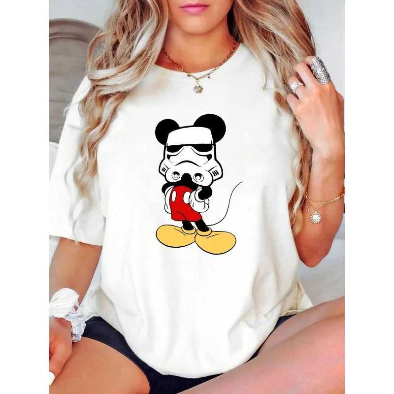 韩国 20262025 ใหม่ Disney Cotton Disney Fun พิมพ์เสื้อยืดผู้หญิงสบายๆหลวมเสื้อยืดอินเทรนด์ Harajuku Y2