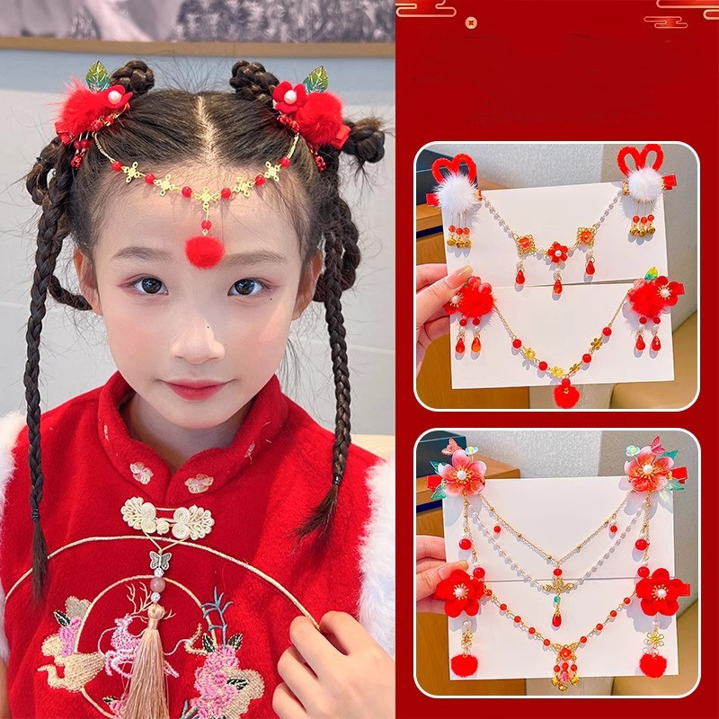 BlessU ห่วงโซ่หน้าผากโบราณสําหรับเด็ก ฮันฟู สไตล์สาวดอกไม้สีแดงกิ๊บชุดสวัสดีปีใหม่
