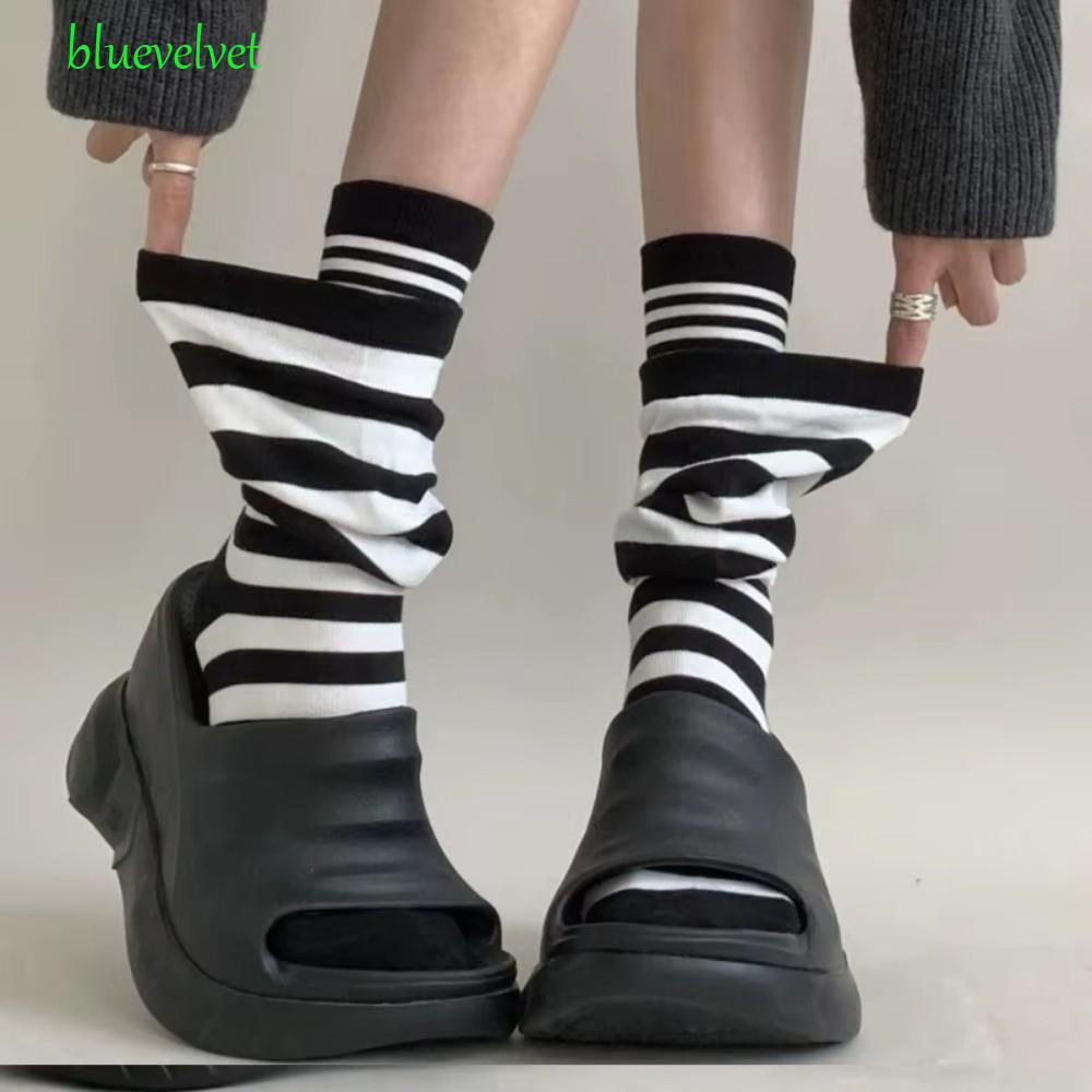 BLUEVELVET 4 คู่ลายถุงเท้ากอง, ปลอมสองชิ้น Warm Ruffle Stripe Stocking, Heap ถุงเท้า Patchwork นุ่มห