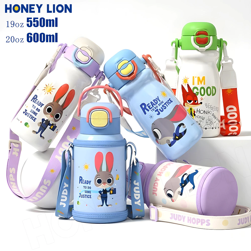 Disney x HoneyLion [ลิขสิทธิ์แท้] กระติกน้ำลายน่ารัก 600ml สแตนเลส 316 แถมฟรี! ปลอกหุ้ม+สายสะพาย ล็อกกันรั่ว พกพาสะดวก ของขวัญสุดพิเศษ