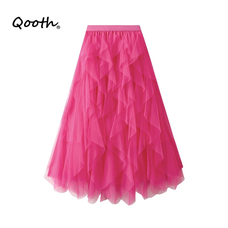 Qooth 2026 กระโปรง MANYA MAXI สีชมพู ผ้าเทลล์ลายหญ้าทะเล สไตล์แฟรี้คอร์