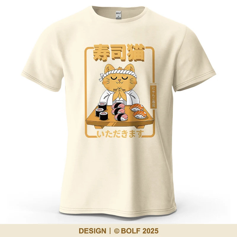 Sushi Cat Art Cute Printed Men's T-Shirt 100% Cotton Oversized Sushi Themed Graphic for Women Men To