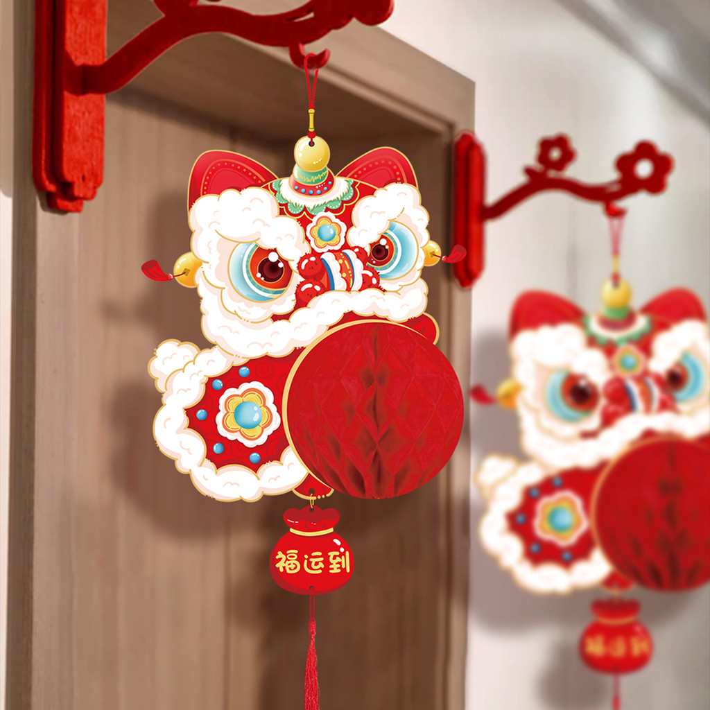 新年装饰品蜂窝球立体醒狮灯笼马年小挂氛围布置年货爆品New Year Decorations Honeycomb Ball Stereo Lion Awakening Lantern Horsedxl