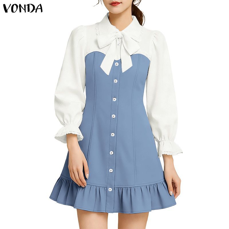 VONDA ชุดชิ้นเดียวสไตล์เกาหลี ดีไซน์เรียบร้อย ติดปอมโบว์และระบาย อารมณ์หวานๆ มีกระโปรงทรงเอไลน์ และชายเสื้อลูกไม้ เพื่อความสวยงามแบบสุภาพในโทนสีโซลิด