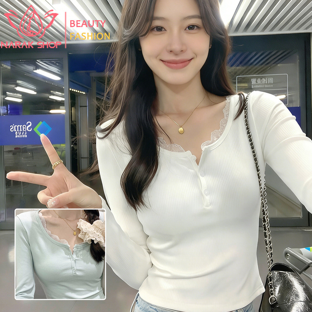 เสื้อยืดแขนยาวผู้หญิง ดีไซน์เก๋ ขอบลูกไม้ ทรงเข้ารูป