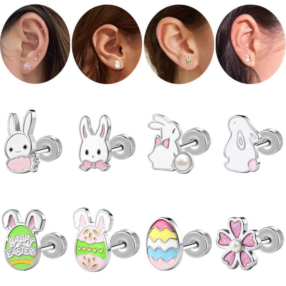 1 PC สแตนเลสสตีลต่างหูเจาะ 20G ต่างหูดอกไม้กระต่ายอีสเตอร์ไข่ต่างหู 6 มม. Helix Conch กระดูกอ่อน Daith เจาะเงิน Multicolor