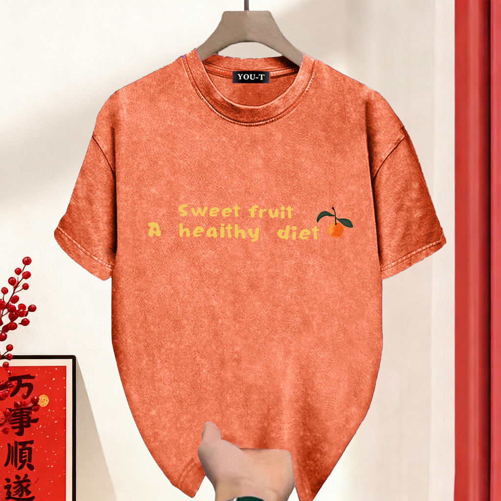 Sea.Tee [COD] เสื้อยืด เสื้อยืดฟอก oversize cotton100%  คอกลม แขนสั้น พิมพ์ลาย 'Orange' สไตล์ลำลอง ใส่สบาย - รูปที่ 7
