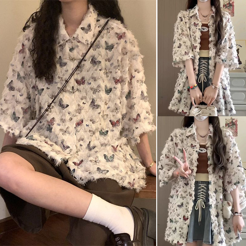 Dahong W707 เสื้อแจ็กเก็ตคาร์ดิแกน คอปก เสื้อใส่วาเลนไทน์ แขนห้าส่วน พิมพ์ลายผีเสื้อ ระดับไฮเอนด์ ไม่จำกัดเพศ
