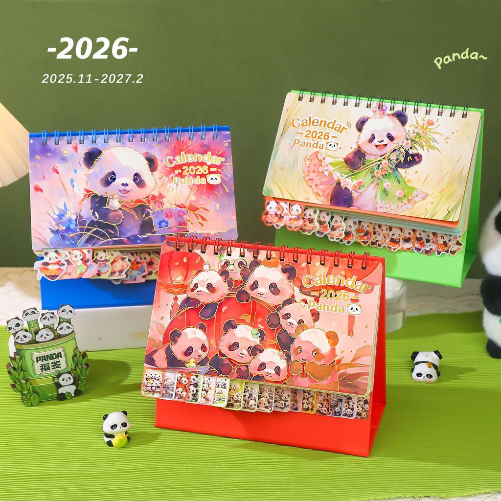 2026 Huahua Panda Garden ปฏิทินการ์ตูน Panda Desktop น่ารักปฏิทินประจําปีพิมพ์โลโก้ 2026 Huahua Pand