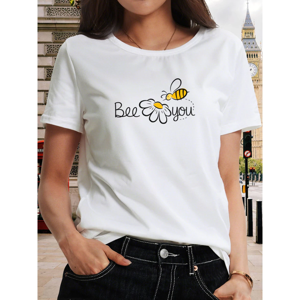เสื้อยืดผู้หญิงลายผึ้งดอกไม้ แขนสั้นคอกลม ทรงหลวม thumbnail 5
