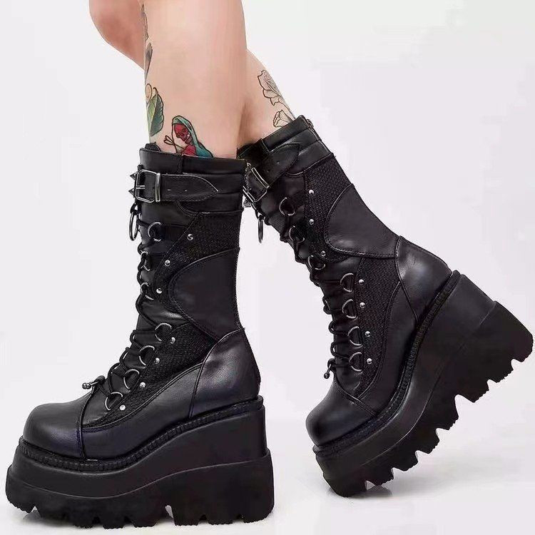 🔥พร้อมส่ง🔥 รองเท้าบู๊ทมอเตอร์ไซค์สไตล์ Y2K dark gothic punk แพลตฟอร์ม 9.5 ซม. สไตล์เกาหลี พื้นนิ่ม ใส่สบาย แมทช์ง่าย
