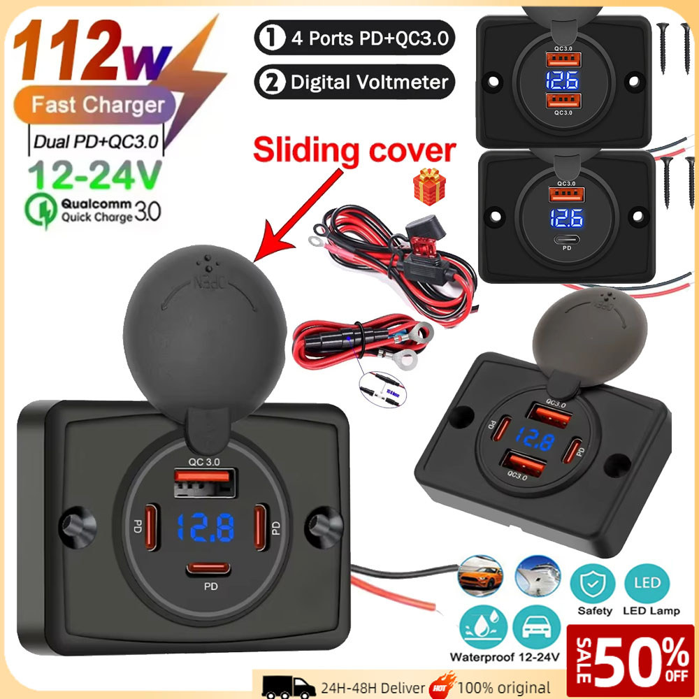 ซ็อกเก็ตชาร์จในรถ 4พอร์ต Quick Charge PD30W QC3.0  จอแสดงผลแรงดันไฟ สวิตช์LED ติดผนัง แผงไฟ สำหรับรถบรรทุก เรือ บัส ATV RV