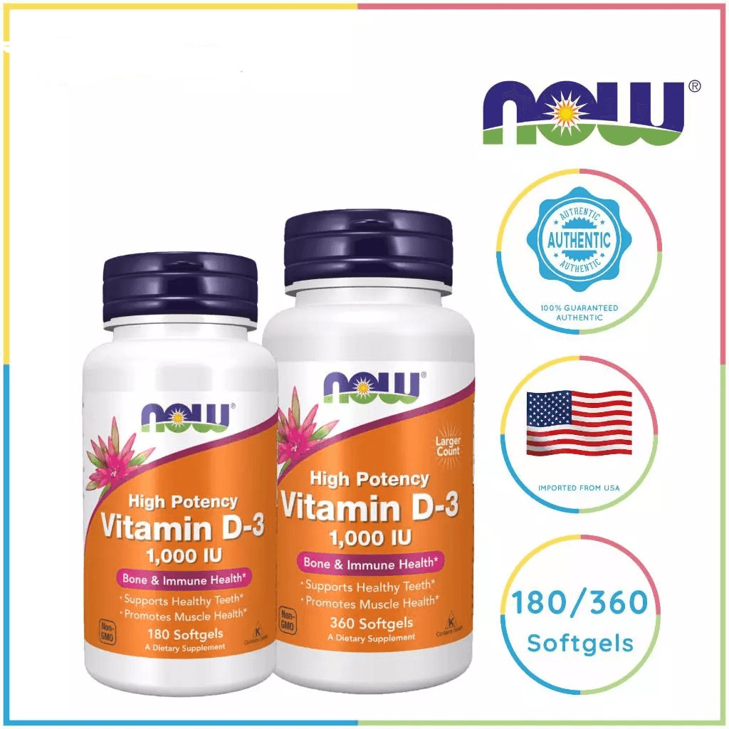 NOW Foods วิตามินดี3 ความเข้มข้นสูง 1000 IU บรรจุ 180/360 ซอฟต์เจล Vitamin D3