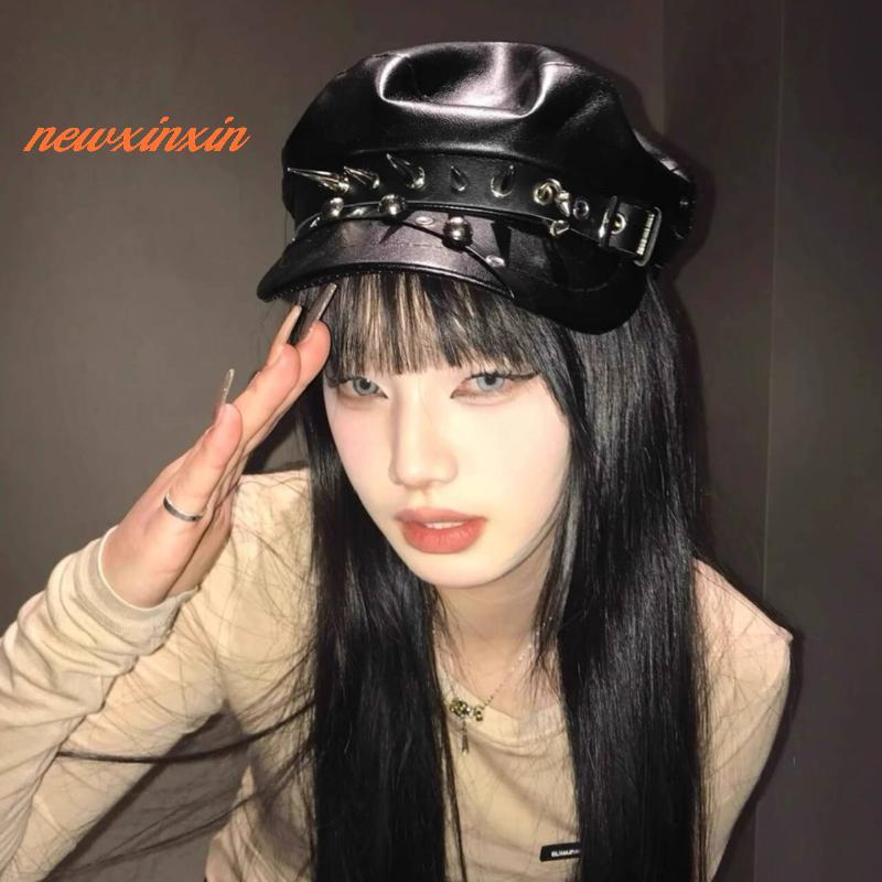 [NT-t] Vintage Rivet Beret Harajuku Y2K สาว Gothic Lolita Bla หนัง Dark Face เปิดเผยแบน Newsboy หมวก Beret หมวก [ใหม่]
