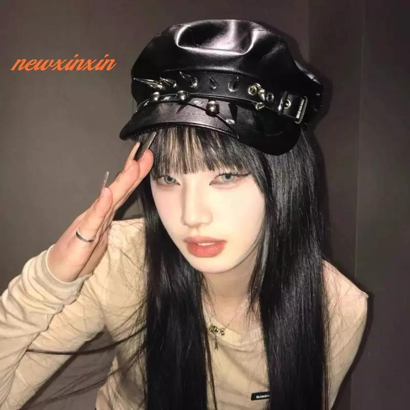 [NT-t] Vintage Rivet Beret Harajuku Y2K สาว Gothic Lolita Bla หนัง Dark Face เปิดเผยแบน Newsboy หมวก Beret หมวก [ใหม่]