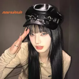 [NT-t] Vintage Rivet Beret Harajuku Y2K สาว Gothic Lolita Bla หนัง Dark Face เปิดเผยแบน Newsboy หมวก Beret หมวก [ใหม่]