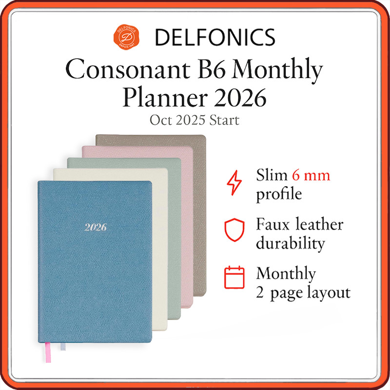 Delfonics Consonant B6 Monthly Planner 2026 – Oct 2025 Start, Slim Faux-Leather Cover, 5 Color Optio