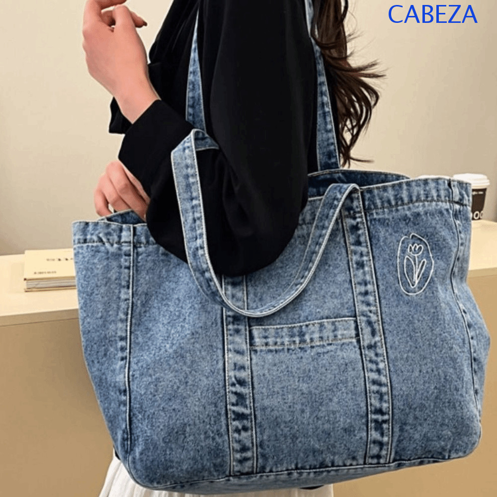 CABEZA กระเป๋าโท้ทสไตล์เกาหลี ทำจากผ้าเดนิมและหนัง PU มีความจุมาก เหมาะสำหรับถือหรือสะพายข้าง