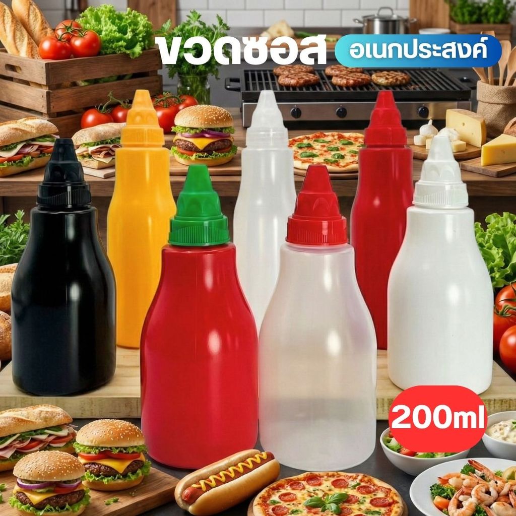 ขวดซอส PP ขวดน้ำจิ้ม ขวดบีบซอส ฝาซอส ทรงเตี้ย/สูง ไหล่มน 200ml