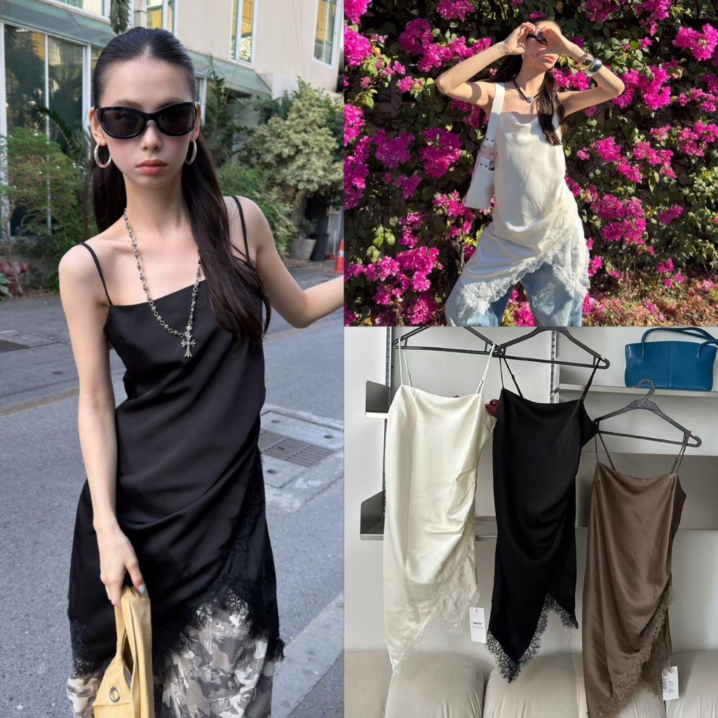 ❤ 🧵 🇰🇷 SU017 เสื้อสายเดี่ยวตัวยาว ผ้าซาตินเนื้อดี ทรงสวยเลยค่า ชายเสื้อแต่งผ้าลูกไม้ แฟชั่นเกาหลี TAG MM fish 🧵🧡