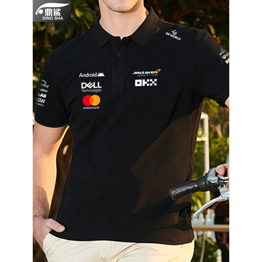 เสื้อโปโลแข่ง McLaren F1 แบบ_unisex_แขนสั้น ผลิตจากผ้าฝ้าย_100% พิมพ์ลายรถกีฬา McLare F1 สำหรับทุกไซส์ S-3XL