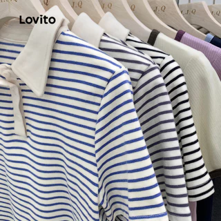 Lovito แคชชวล เสื้อยืดลําลองเสื้อยืด บล็อกสี ลายทาง สําหรับผู้หญิง LNE29048 (น้ําเงิน/ดํา)