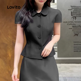 Lovito สง่างาม เสื้อกล้ามเรียบหรู คลาสสิก และใช้งานได้หลายโอกาส ผ้าฝ้ายลายปุ่ม สีดำสำหรับฤดูใบไม้ผลิ/ฤดูร้อน เกาหลี อินเทรนด์ L144AD215