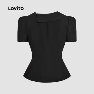 Lovito สง่างาม ปุ่มอสมมาตรด้านหน้าโลหะฤดูร้อนฤดูใบไม้ผลิเสื้อสีดําสําหรับผู้หญิง L135ED194
