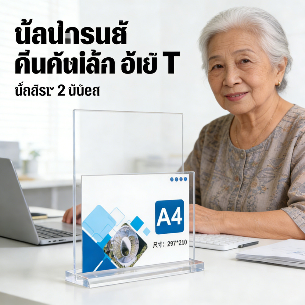 ป้ายอะคริลิกเดสก์ท็อปจอสองด้านแสดงผลตัว T ป้ายขาตั้ง A4