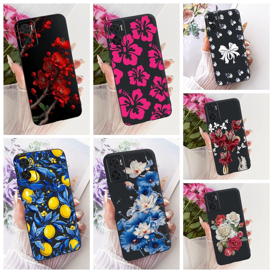 ปลอกสําหรับ Motorola Moto E22 E22i E22s เคสโทรศัพท์แฟชั่นดอกไม้นุ่มสีดํา TPU ซิลิโคนสําหรับ MotoE22 