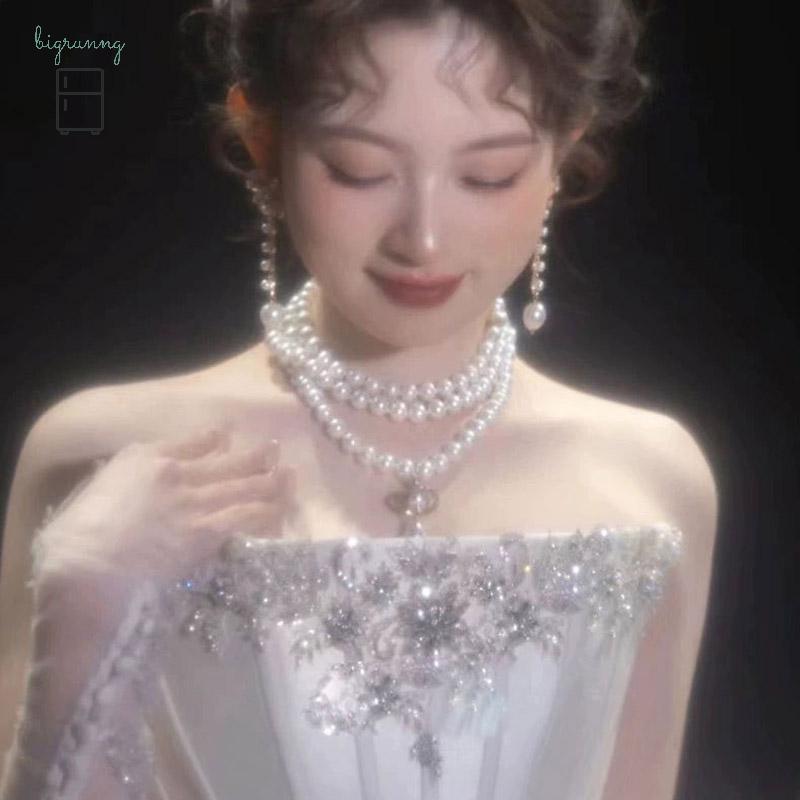 [BRN] คลาสสิกสามชั้นรอบไข่มุกลูกปัดคอ Choker Nelace สําหรับผู้หญิงสาวไม่สม่ําเสมอ Water Drop Pearl จ