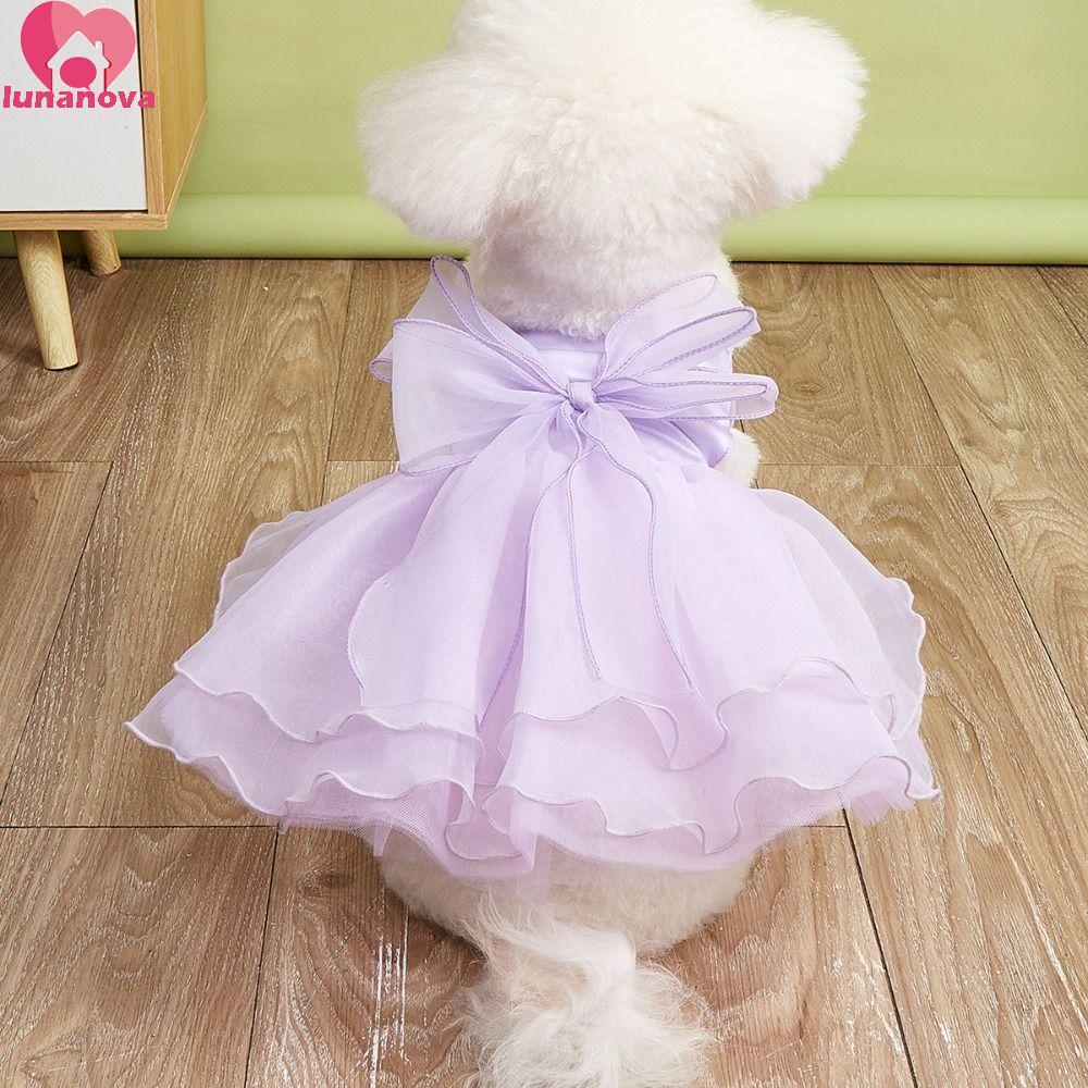 LUNANOVA Cat Dog Wedding Dress, Organza Satin Princess Dress, Fairy Dress Soft Cute Big Bow Puppy Sk