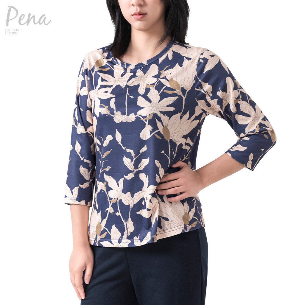 Pena house แขนสามส่วน ลายพิมพ์ดอกไม้ สีกรมท่า PSTL022603