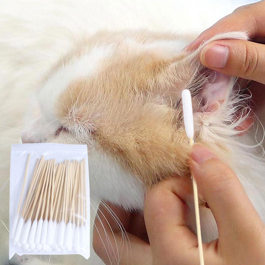 50/100pcs สัตว์เลี้ยงสุนัขหูผ้าฝ้าย Swabs Earwax Stain Removal หู Stick ทําความสะอาดว่ายน้ําหลังจากเ
